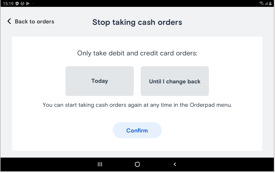 Switch off cash orders